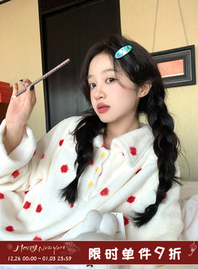 馨帮帮Homedress 红色波点翻领睡衣女冬季加厚毛绒保暖家居服套装