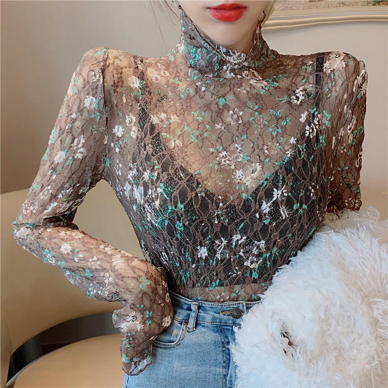 秋冬新款气质减龄甜美碎花蕾丝衫女韩版套头堆堆领显瘦百搭打底衫