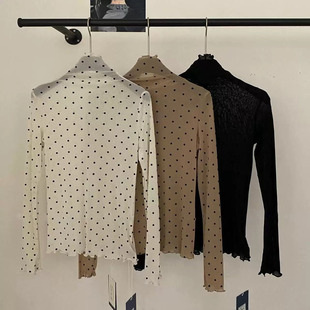 木耳边高领薄款长袖波点网纱T恤女秋2025纯欲风减龄叠穿微透上衣