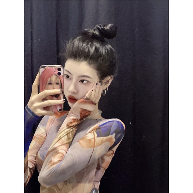 原创欧美风绢网印花透视连体衣女夏T恤上衣