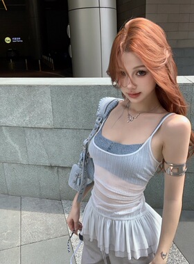 24SS仙女风透明呼吸感荷叶边百搭短款弹力吊带背心