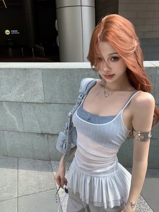 24SS仙女风透明呼吸感荷叶边百搭短款弹力吊带背心