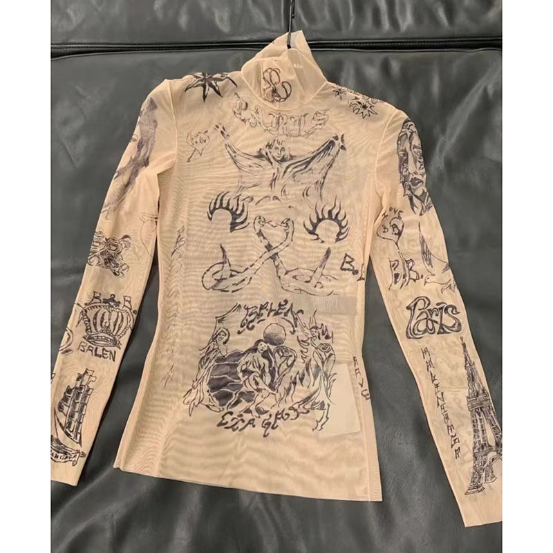 性感辣妹透明素描紧身网纱印花长袖上衣女夏季打底纹身衣T恤