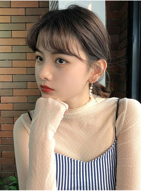 速发波点高领黑色打丝仙底衫长袖薄款纱衣性感神蕾内搭网纱上衣