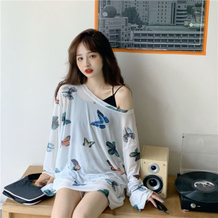 T恤女网纱长袖 蝴蝶印花大版 防晒衫 上衣中长款 冰丝针织衫 白色长袖