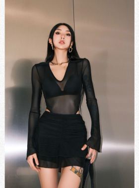黑色v领衬衫女秋冬修身辣妹显瘦网纱连体长袖上衣