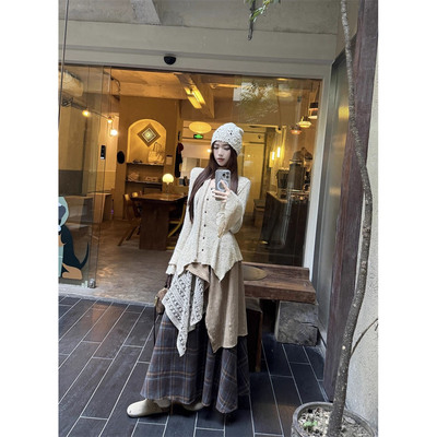 复古慵懒格子拼接半身裙套装