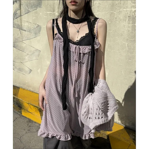 古早风网纱花边吊带背心连衣裙