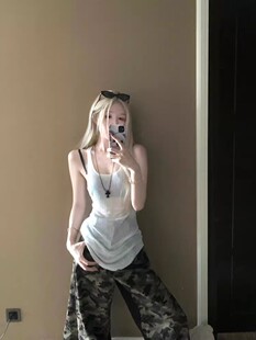 显瘦甜辣妹无袖 美式 修身 2024新款 上衣 高街蕾丝拼接吊带背心女夏季