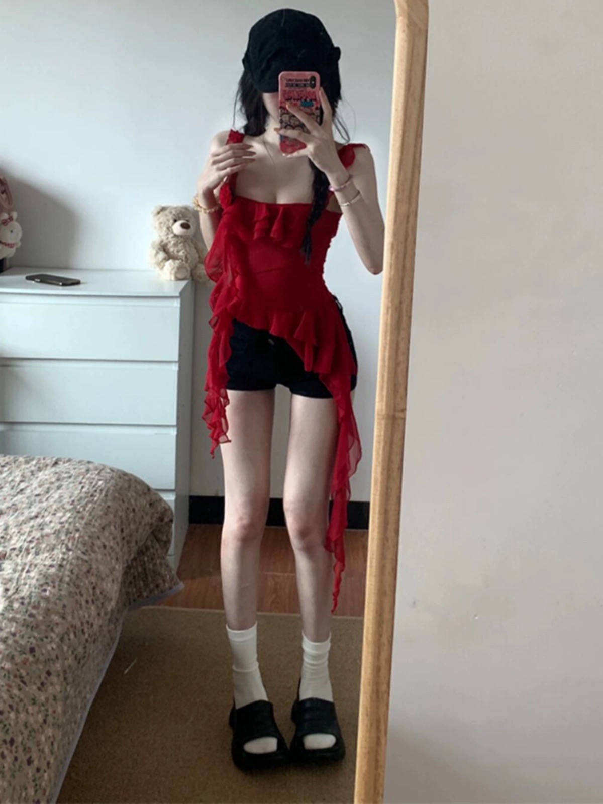 美式辣妹立体玫瑰吊带背心女