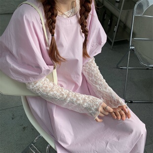 鬼马系少女粉色系宽松显瘦蕾丝打底衫+泡泡袖长款连衣裙套装女潮