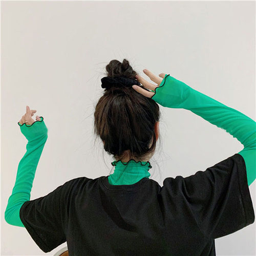 春秋透明网纱木耳性感新款打底衫