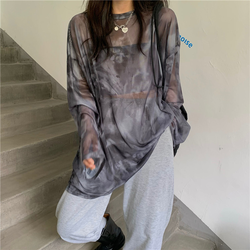 透视网纱心机长袖打底衫上衣女韩版春季宽松薄款中长款扎染T恤潮