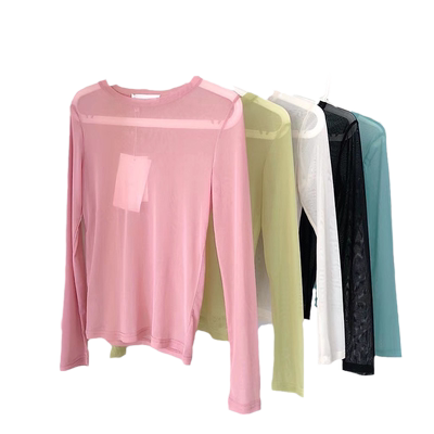 2022夏季薄款糖果色冰丝防晒t恤女长袖网纱打底衫内搭圆领上衣潮