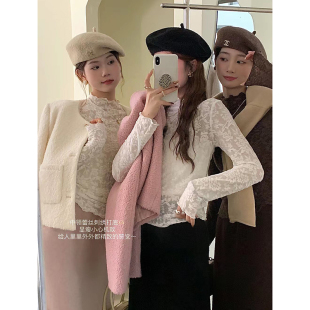白色设计感木耳边半高领蕾丝衫 女2024早秋修身 超薄内搭上衣打底衫