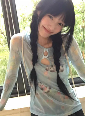 新中式蓝色熊猫印花镂空网纱上衣女夏季设计感修身长袖打底衫T恤