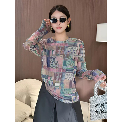 彩色印花薄款网纱长袖t恤