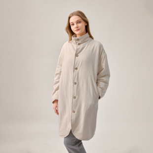 onrays|天然亚麻新疆纯棉填充简约冬保暖及膝高领长款棉袄棉衣