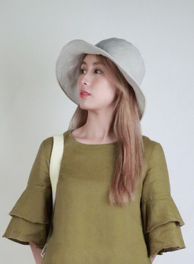 双层纯亚麻大小头围带防风绳百搭凉爽透气纯亚麻高级感遮阳渔夫帽