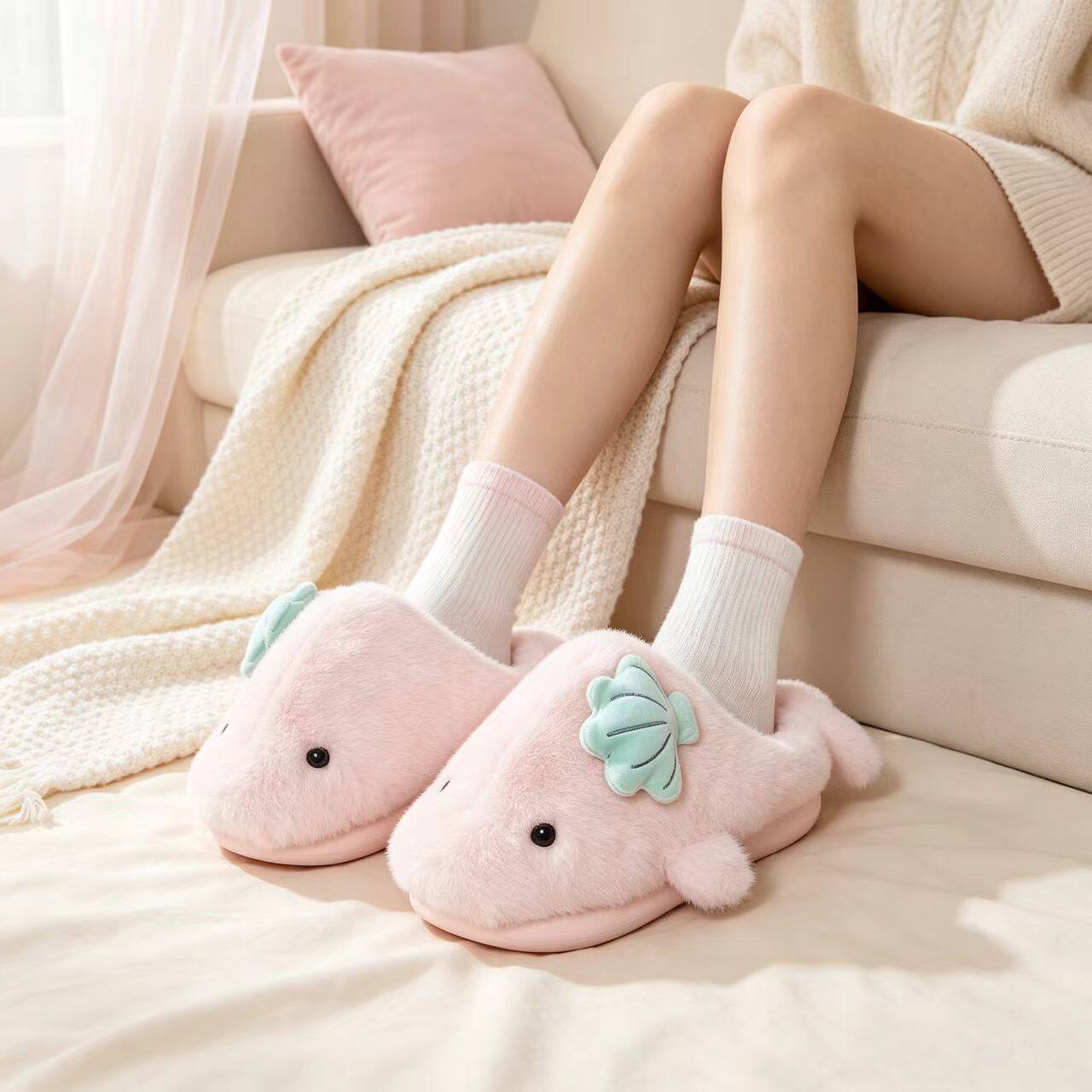 小海豚棉拖鞋卡通可爱女生防滑厚底耐磨舒适保暖外穿情侣百搭棉鞋