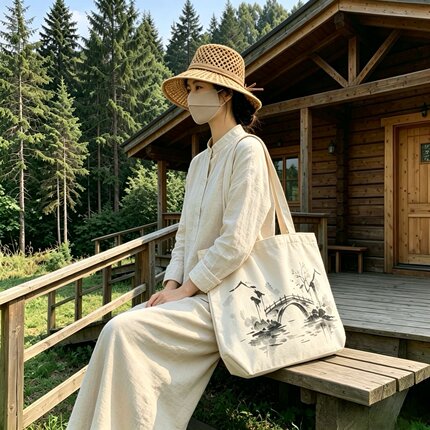 原创水墨江南帆布包女2026新款大容量文艺通勤单肩托特包手提袋