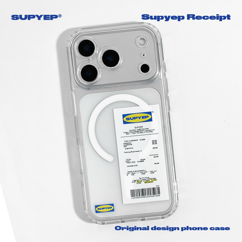 SUPYEP创意购物小票手机壳透明磁吸支架卡包插卡蓝色简约小众趣味设计ins风适用iPhone17ProMax苹果16Pro15Pm