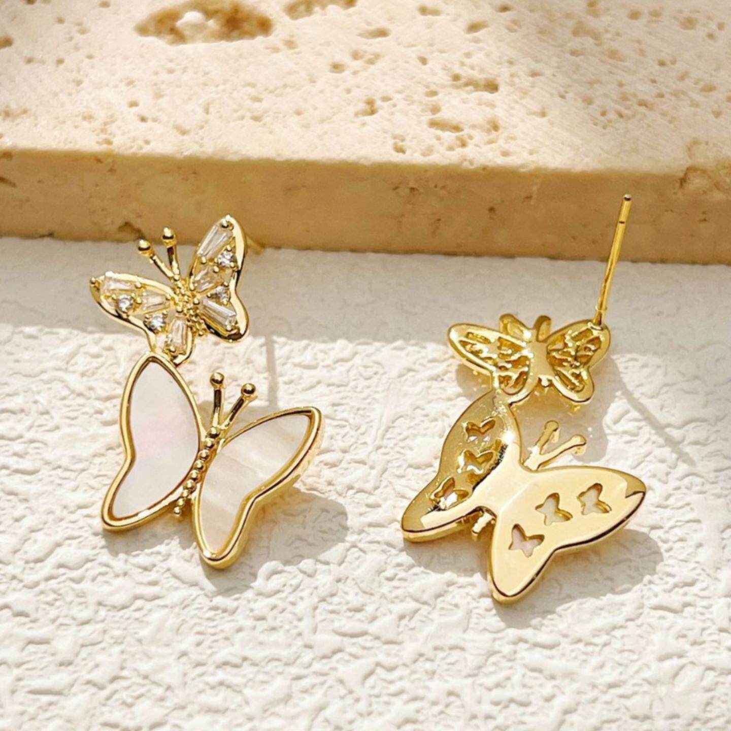 春款百搭白色贝壳蝴蝶耳钉微镶锆石耳钉轻奢高级感小众设计