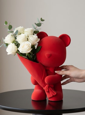 红色小熊花瓶创意家居摆件