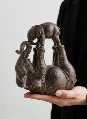 创意大象母子石材招财摆件