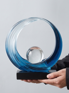 现代轻奢琉璃蓝圆环水晶摆件