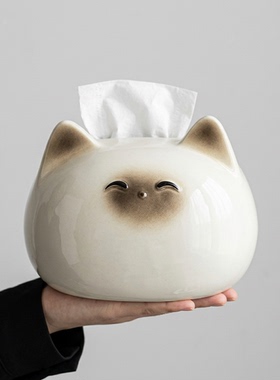 陶瓷猫咪造型纸巾盒摆件收纳