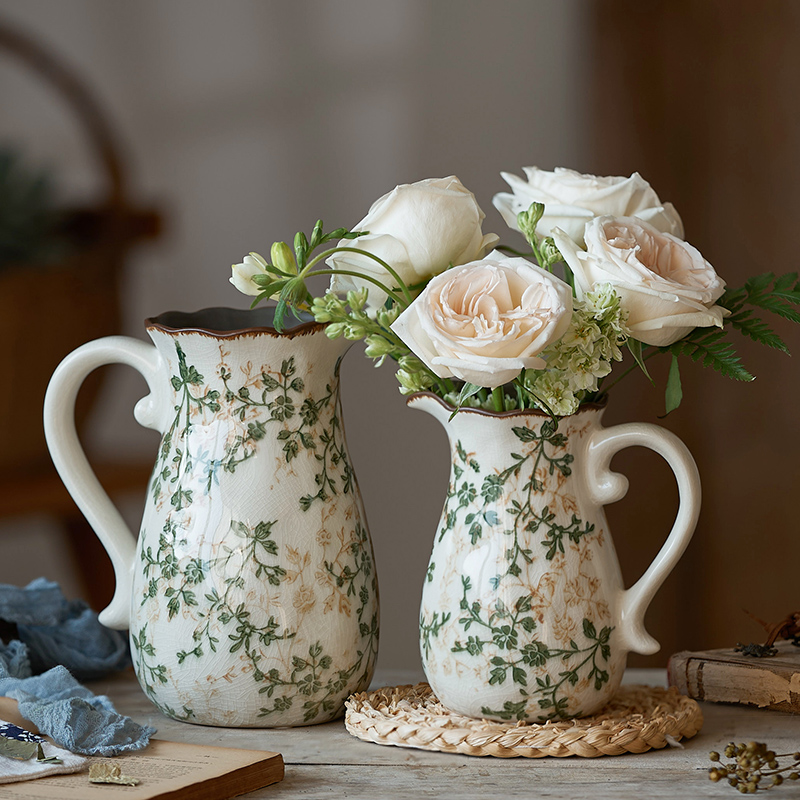 复古创意冰裂纹奶壶陶瓷花瓶繁花