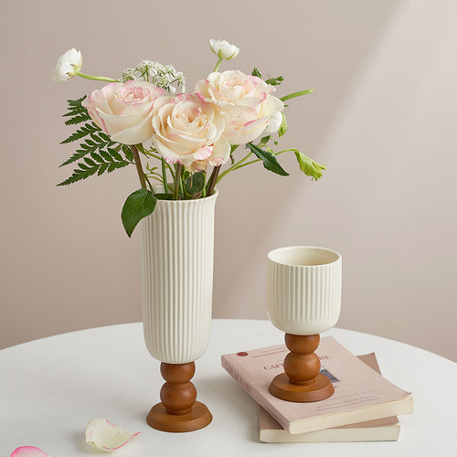 高级感木底高脚花瓶陶瓷摆件北欧