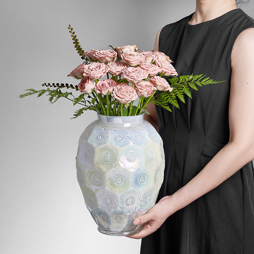 法式浮雕玻璃花瓶珍珠彩水培玫瑰百合插花摆件装饰客厅轻奢高级感