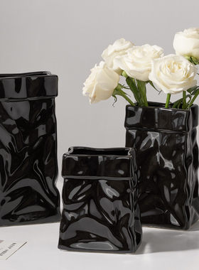 法式黑色陶瓷艺术花瓶摆件家居创意水培插花器极简软装餐桌装饰品