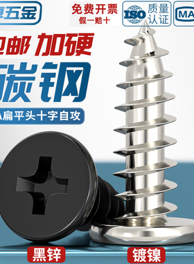 CA铁镀镍/黑色扁平头十字自攻螺丝钉大扁薄头子平头尖尾木自攻丝