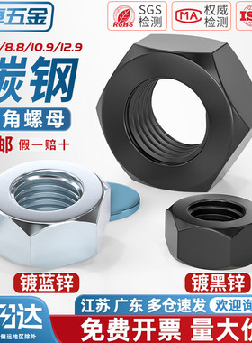 国标4.8级/8.8级/12.9级黑色六角螺母铁螺帽镀锌镀镍螺丝帽M2-M30