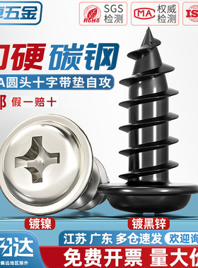 PWA 铁镀镍/黑锌圆头十字带垫自攻螺丝盘头带介螺钉M2M2.6M3M4mm