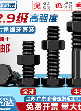 12.9级细牙外六角螺丝细丝螺母螺钉细扣幼牙螺栓套装M8M10M12-M36