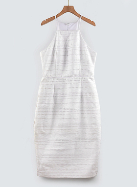 Z4欧美外贸春夏修身白色提花纯棉开叉无袖气质收腰拉链连衣裙