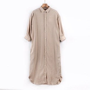 Z2日单高品质宽松显瘦钮扣口袋春秋衬衫款黑色7分袖迷笛长连衣裙