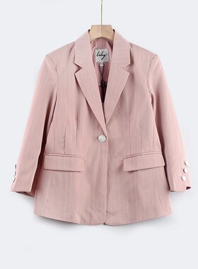 Z2春夏一粒扣条纹蓝色休闲OL通勤女士百搭气质口袋西装外套上衣