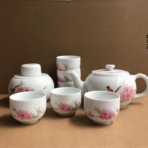 手绘水点桃花陶瓷景德镇白瓷8头功夫茶具茶杯茶壶官窑收藏定制