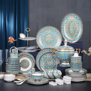 夫人瓷景泰蓝金珐琅彩骨瓷碗碟家用景德镇陶瓷碗盘子餐具86件送礼