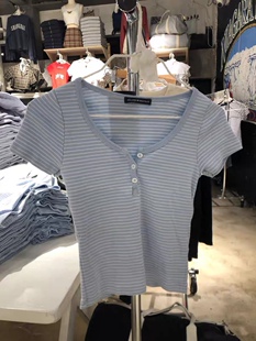 Brandy Girl欧美风修身显瘦条纹T恤bm短款短袖内搭三粒扣纯棉上衣