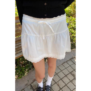 BrandyGirl美式 复古蕾丝花边A字裙bm半身裙女高腰抽绳系带短裙潮