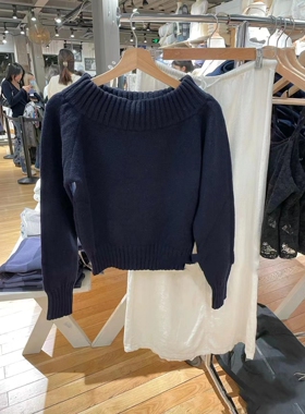 BrandyGirl秋冬新款一字领bm针织衫女百搭显瘦长袖毛衣短款外套潮