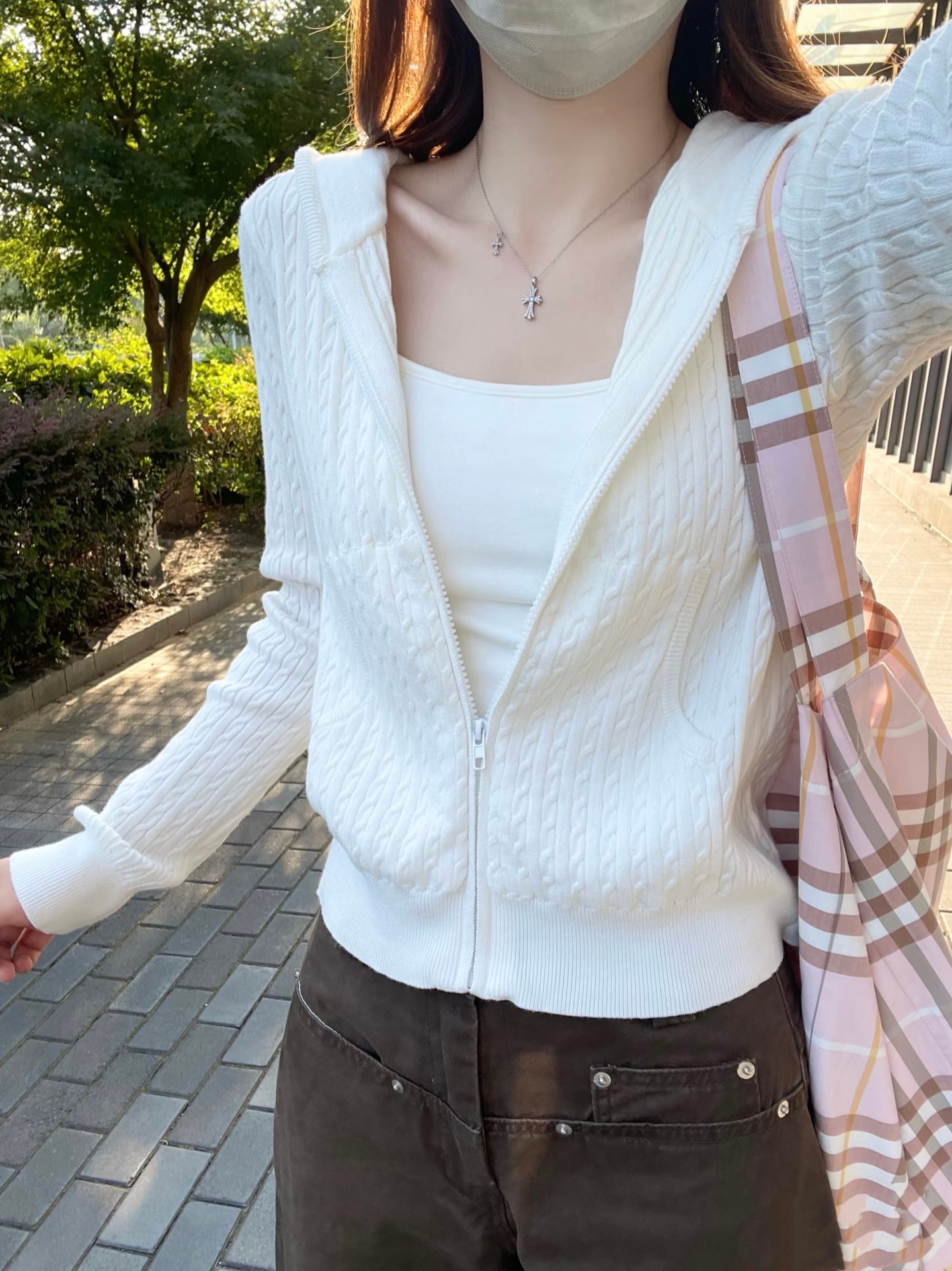 BrandyGirl美式复古连帽麻花bm针织衫女修身显瘦毛衣开衫外套上衣