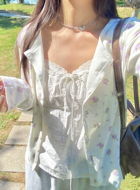 BrandyGirl新款花边圆领紫色碎花bm长袖T恤女修身显瘦开衫上衣潮