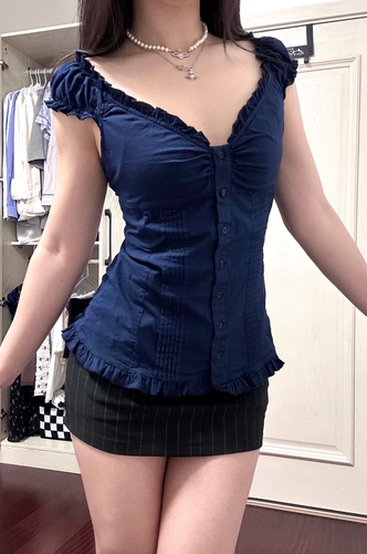 BrandyGirl新款美式木耳边V领开衫bm背心女辣妹修身显瘦短袖上衣